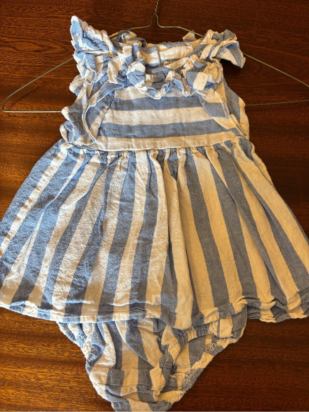 Habitual Blue and White Striped Ruffle Linen Baby Romper
